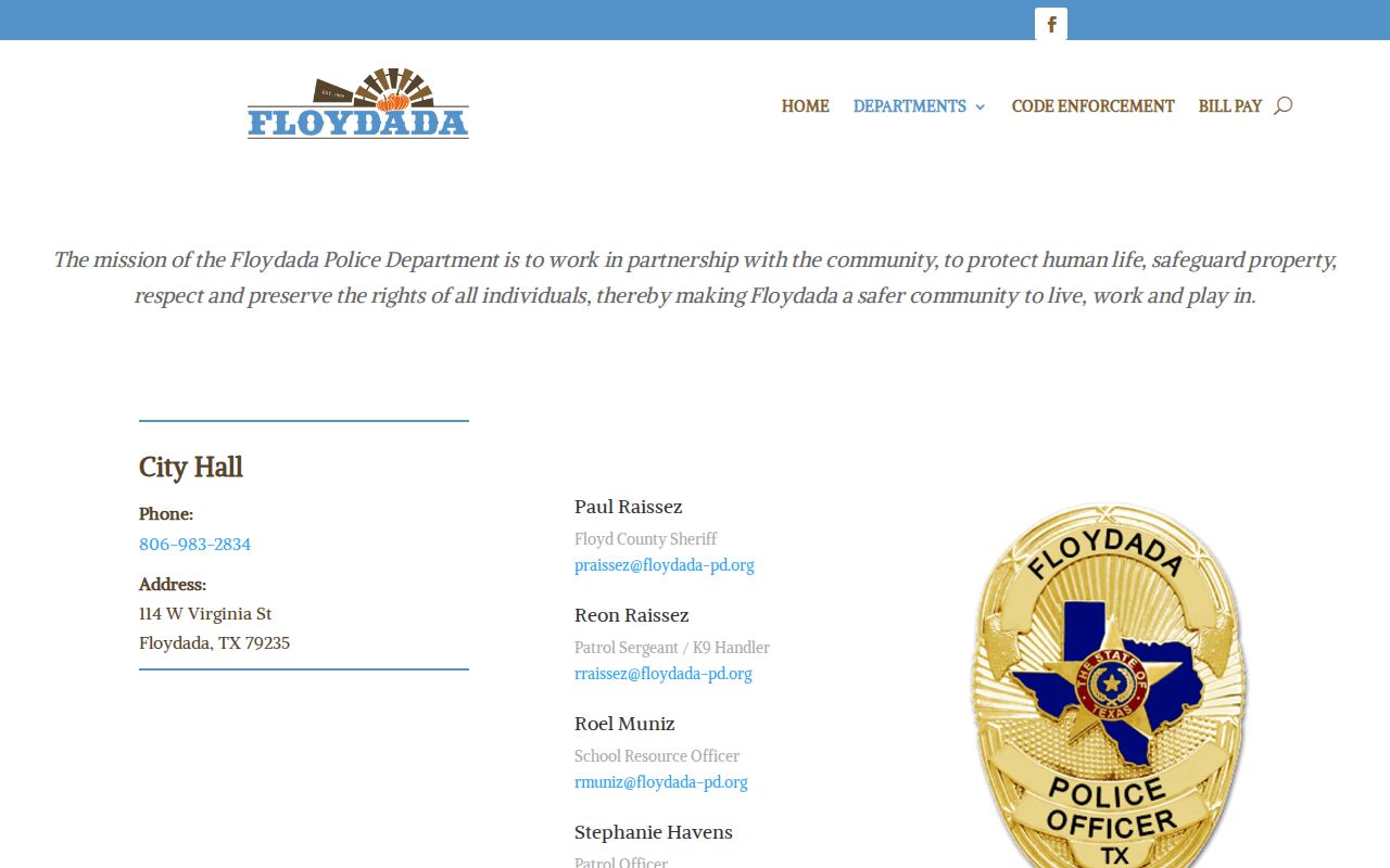 Floyd County municipal warrant records: Floydada Police public contact page